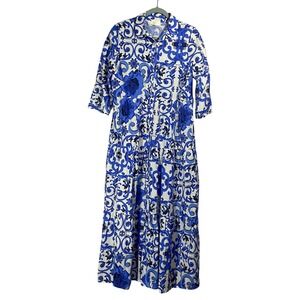 FH‎ Maxi Dress Tiered 3/4 Sleeve Sz XL Blue White Floral Print Cottagecore